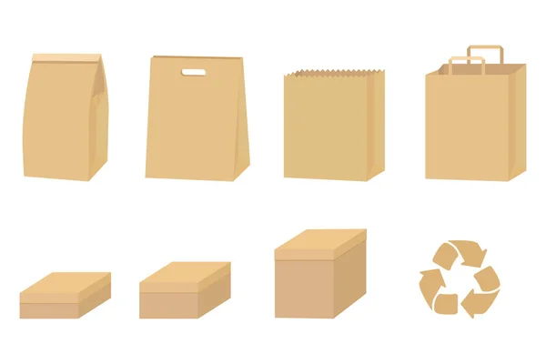 Set Cardboard Packaging Isolated White Recycled Paper Box Bag Vector — стоковый вектор