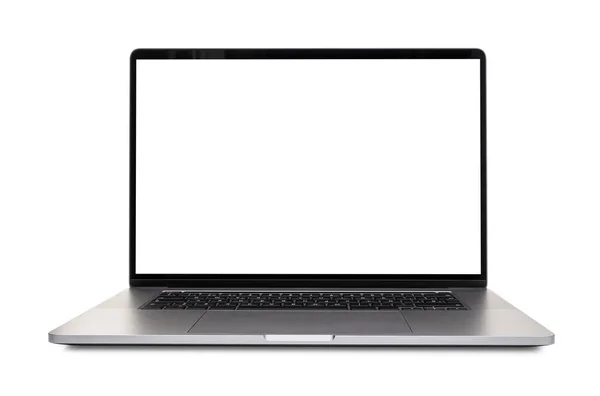 Modern Laptop Blank White Screen Incline Degree Isolated White Background — Foto Stock