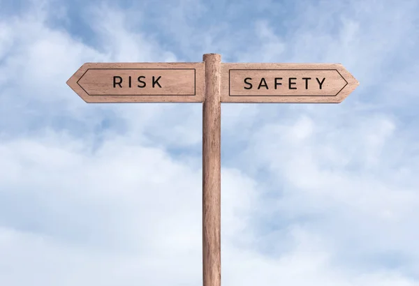 Risk or safety concept. Signpost with two messages on opposite way and sky background