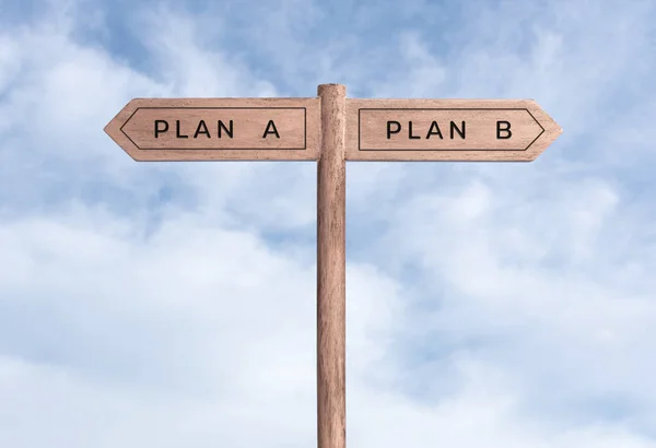 Plan A or plan B concept. Signpost with two messages on opposite way and sky background