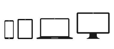 Modern Digital Devices icon set. Computer Monitor, laptop, tablet and smartphone with blank screen. Flat vector illustration
