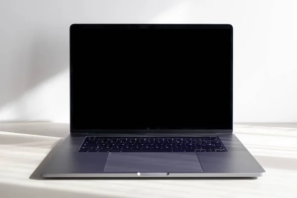 Front view of Modern laptop with empty black screen on minimalist desk. Template Mock up