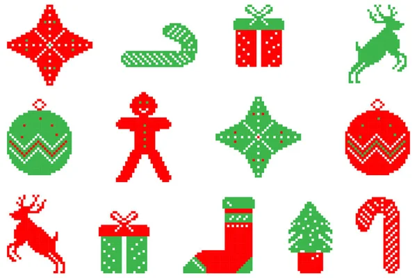 Set Elementos Diseño Navideño Estilo Pixel Art Icono Ilustración Vector — Vector de stock