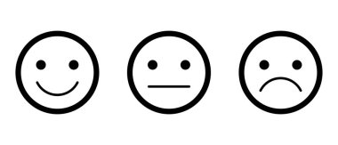 Duygular ayarlandı. Mutlu, Gülümse, Üzgün, Mutsuz Yüzler Pictogram. Çizgi vektör illüstrasyonu