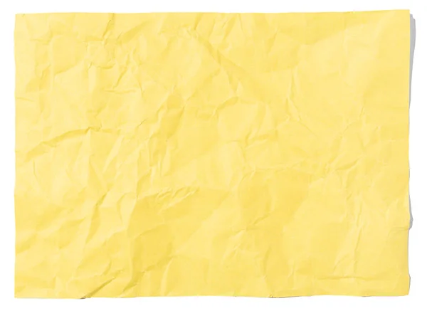 Folha Papel Enrugada Amarela Branco Isolada Sobre Branco Modelo Mock — Fotografia de Stock