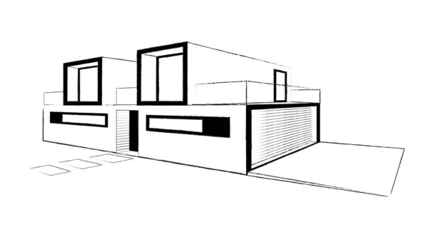 Casa Moderna Edificio Schizzo Prospettiva Architettonica Illustrazione Vettoriale — Vettoriale Stock