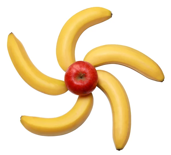Банани та яблука ізольовані на білому тлі — стокове фото