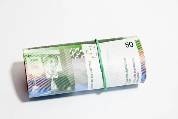 50 İsviçre Frankı cinsinden banknot haddelenmiş — Stok fotoğraf