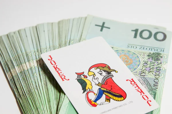 Joker card on Polish money — Stock Photo, Image