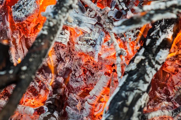 Fuego y brasas rojas en el fuego — Foto de Stock