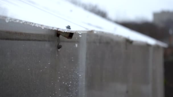 Πυκνές σταγόνες βροχής στον τοίχο του θερμοκηπίου έξω από τη μακροεντολή. Ένας πίδακας με νερό ρίχνει από κοντά. Πλαστικό τοίχωμα σε σταγόνες — Αρχείο Βίντεο