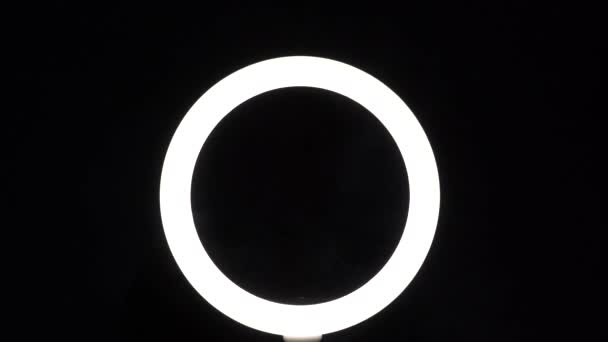 Ένα ρεύμα καπνού μπροστά από ένα δαχτυλίδι φωτός από μια λάμπα LED σε ένα μαύρο φόντο γκρο πλαν. Ο ατμός φυσάει ατμό στο πλαίσιο. Η ιδέα ενός κλαμπ χορού και μια σκηνή με προβολείς — Αρχείο Βίντεο