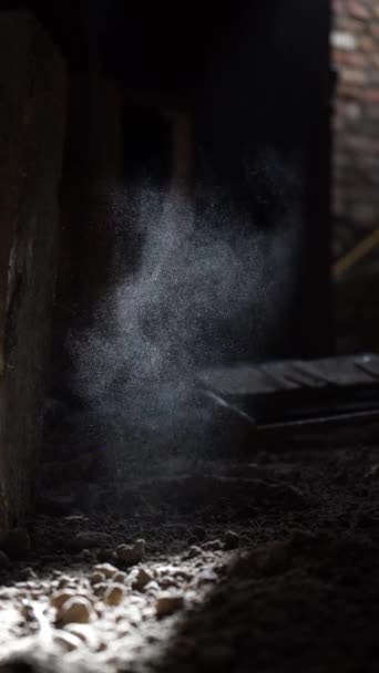 Small dust particles glow on a sunbeam in a dark room close-up. Vertical video 4k — Stock Video