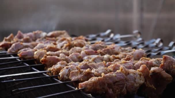 Egy férfi nyárson süt barbecue-t faszén grillen az utcán. Grillező a szabadban. Piknik a természetben. Pörgetés nyársak grillezett hús közelkép — Stock videók