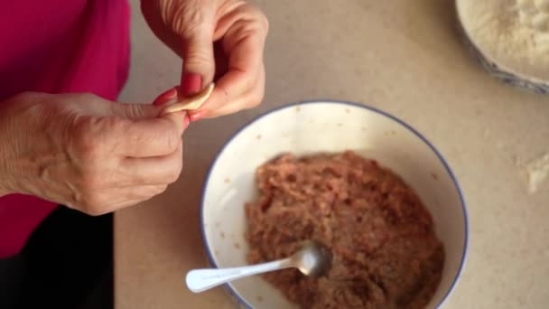 한 여성 이 반죽 과구운 고기를 집 부엌에서 밀봉해서 직접 만든 만두를 만들었다. 집에서 만든 음식을 요리함 — 비디오
