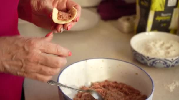 Eine Frau formt Knödel mit ihren eigenen Händen aus Teig und Hackfleisch in der heimischen Küche in Großaufnahme. Selbstgemachtes kochen — Stockvideo
