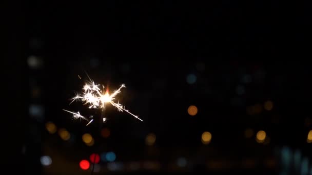 Бенгальская огненная палка горит на черном фоне в замедленной съемке. праздничный фейерверк и боке — стоковое видео