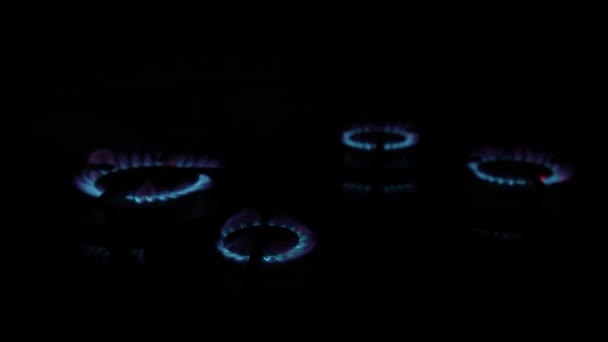Quemador Gas Cocina Enciende Llama Fuego Azul Ardiente Oscuridad Sobre — Vídeo de stock