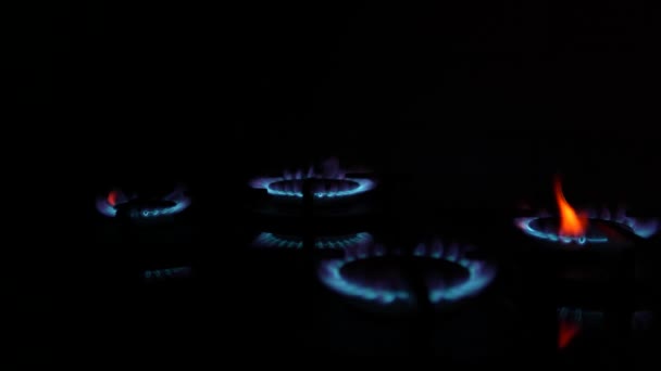 厨房炉灶上的煤气炉点着了 在黑暗中的黑色背景上燃烧着蓝色的火焰 天然气的燃烧 天然能源载体 矿物燃料 — 图库视频影像