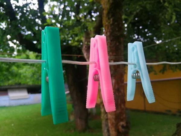 Clothes pegs, plastic colored, clipped to a line outside under the trees, image