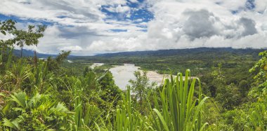 Peru 'daki Manu Ulusal Parkı, Dios Nehri' ndeki ağaçların ve Amazon yağmur ormanlarının etkileyici nehir manzarasının genel görünümü