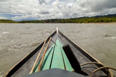 Botla geçerek, ağaçların ve Amazon yağmur ormanlarının etkileyici nehir manzarası, Madre de Dios nehri, Manu Milli Parkı