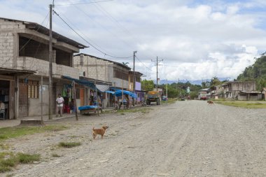 Pilcopata, Peru - 10 Nisan 2014: Pilcopata 'nın küçük bir kasabasındaki birkaç ev, toprak bir sokak hizasında.