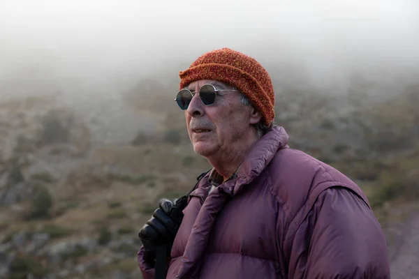 Mountaineer Senior Adult Man His 70S Wearing Coat Gloves Sunglasses — Stock Photo, Image
