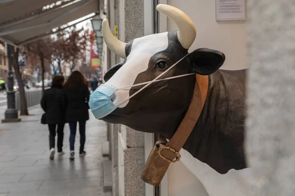 Μαδρίτη Ισπανία Δεκ 2020 Μορφή Μιας Αγελάδας Μάσκα Προσώπου Εμφανίζεται — Φωτογραφία Αρχείου