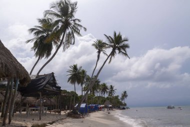 Cartagena de Indias, Kolombiya - 22 Kasım 2010: Kolombiya Karayipler 'de fırtınalı bir günde palmiye ağaçları, sandalyeler ve yarısı boş bungalovların manzarası