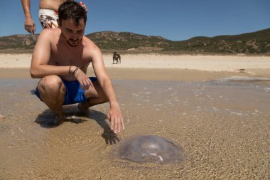 Zahara de los Atunes, İspanya - Eylül 04, 2021: Bir adam büyük bir denizanasını gözlemledi, akıntılarla sürüklendi ve Cadiz 'de kıyıya vurdu.