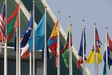 Bangkok, Tayland - 23 Ocak 2020: Farklı Güneydoğu Asya ülkeleri ve diğer bölgelerden gelen bayraklar Bangkok, Tayland 'daki Birleşmiş Milletler ESCAP' ın dışında dalgalanıyor