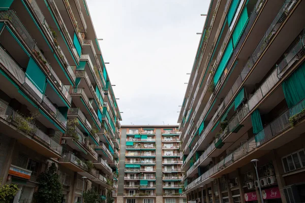 Barcelona Spain Jan 2022 Crowded Residential Building Green Balconies Awnings — Stock Photo, Image