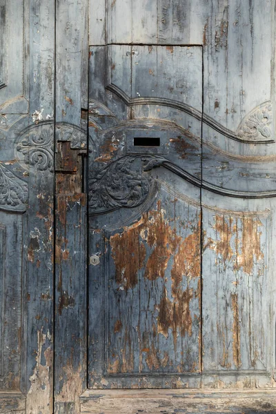 Una Vieja Puerta Madera Barcelona España Con Peladuras Pintura Color — Foto de Stock