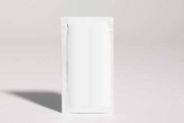 Mockup of isolated envelope of medicine, for powder, vertical, with blank label for packaging design, on white background, real photo studio, no 3D