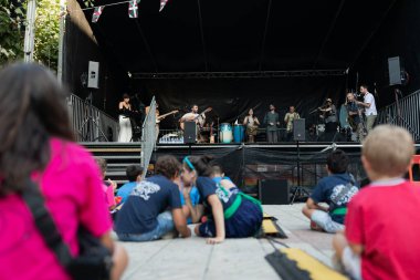 Bilbao, Spain - 23 Jul. 2022: Performance of the folk fusion music group Kuttune, during a concert of the local festivities in Echevarri