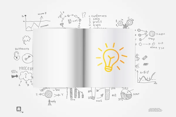 Nyissa meg a notebook sárga idea lámpa jel — Stock Vector