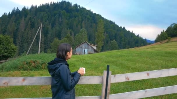 Молодая привлекательная женщина пьет кофе и наслаждается прекрасным видом на горы и поле. — стоковое видео