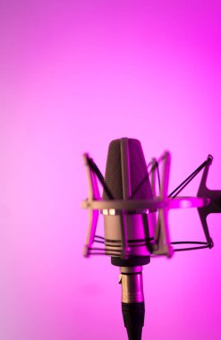 Ses ve müzik stüdyosundaki büyük diyafram mikrofonunu düz arkaplanda seslendirip söylüyor..