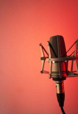 Ses ve müzik stüdyosundaki büyük diyafram mikrofonunu düz arkaplanda seslendirip söylüyor..