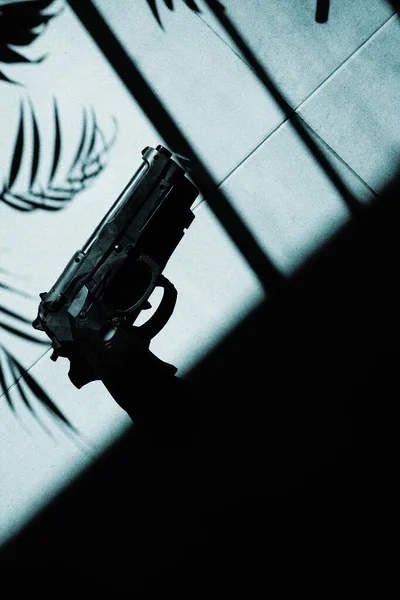 Spionagethriller Buchcover Design Pistole Gun Boden Mit Tropischen Palmen Schatten — Stockfoto