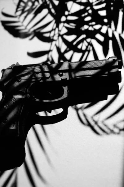Spy Thriller Obal Knihy Design Pistole Gun Podlahy Tropické Palmy — Stock fotografie