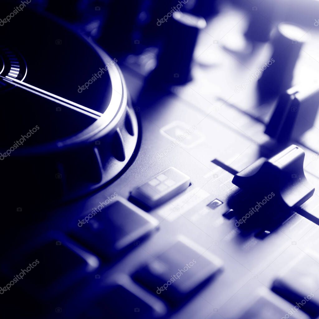 Dj nightclub deejay mixing desk house music on turntables party square album cover design.