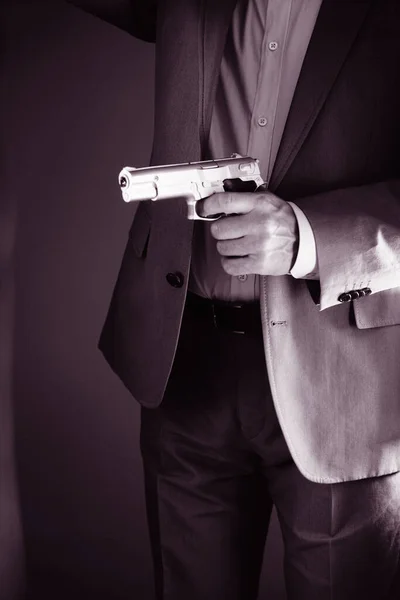 Agente Segreto Retrò Con Pistola Pistola Pistola Mano Nella Foto — Foto Stock