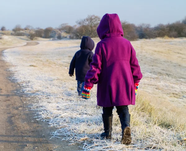 Kleine kinderen lopen in een frosty duinlandschap — Stockfoto