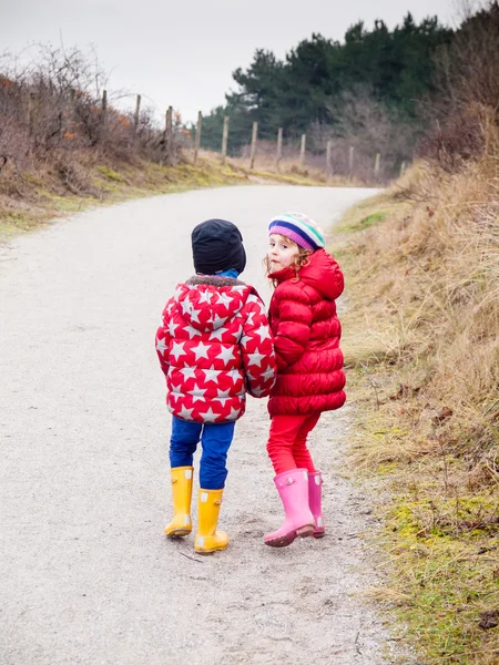 Kleiner Junge und Mädchen gehen Hand in Hand — Stockfoto