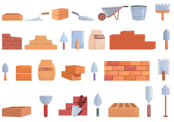 Brick and mortar icons set cartoon vector. Brick construction — стоковый вектор