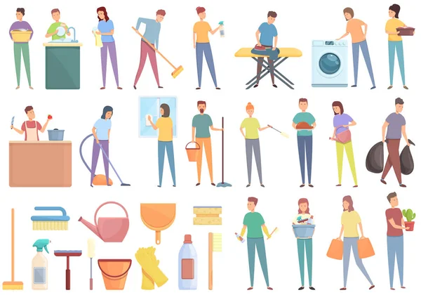 Household occupations icons set cartoon vector. Clean surface