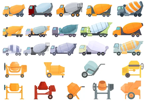 Concreto mezclador iconos conjunto de dibujos animados vector. Camión de cemento — Vector de stock