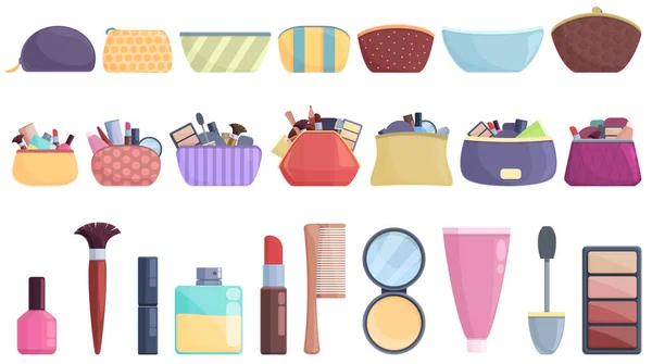 Cosmetic bag icons set cartoon vector. Accessory barber — стоковый вектор
